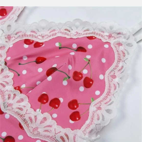 🍒 Pink Cherry & White Polka Dot Dress W/Lace (L) - Picture 8 of 10